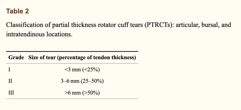 Screencapture of a Classification Table for Rotator Cuff Tears